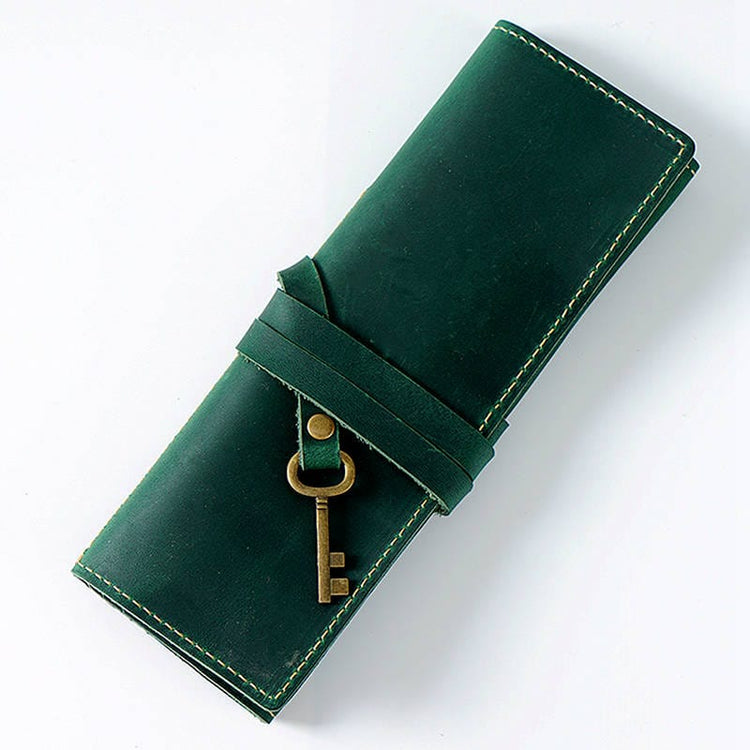 Green Leather Pencil Case Pen Roll