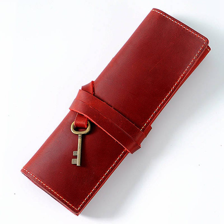 Womens School Leather Pencil Case Pen Roll