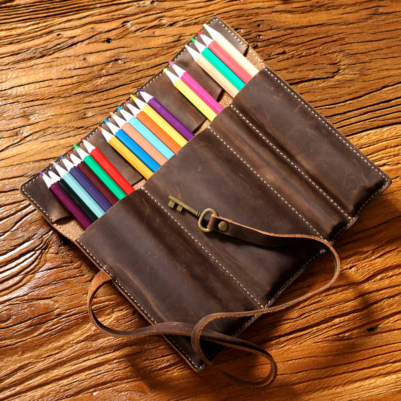 School Leather Pencil Case Pen Roll