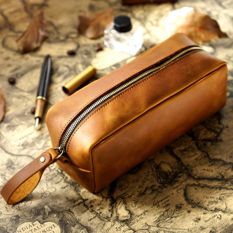 Brown Practical Leather Pencil Case Pen Bag Box