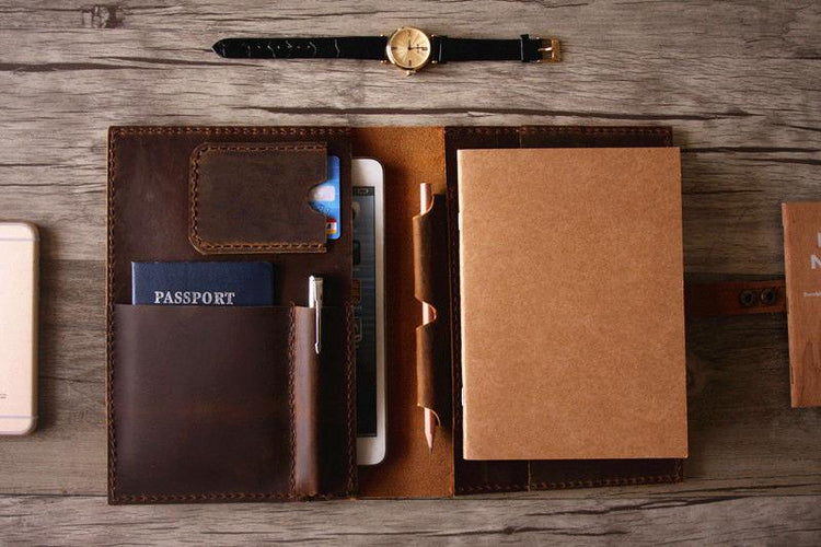 brown leather notebook portfolio