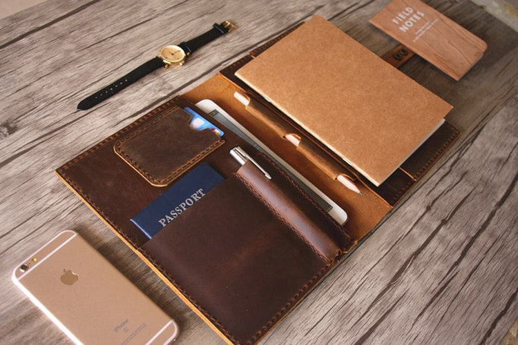 handmade brown leather a5 notebook cover with pen holder