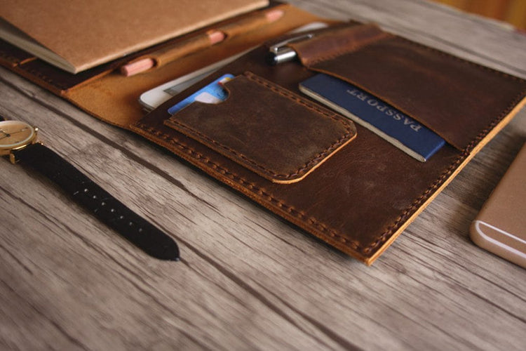 handmade brown leather a5 notebook cover with pen holder