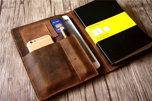 Case Elegance Full Grain Premium Leather Refillable Journal Cover with A5 Lined Notebook, Pen Loop, Card Slots, Brass Snap