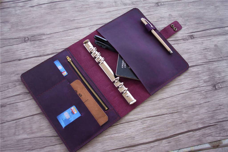 handmade purple leather folder with zipper