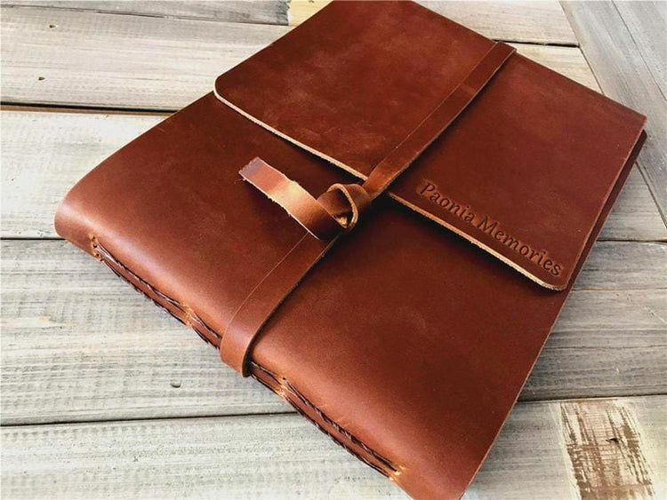 personalized brown leather photo album strap
