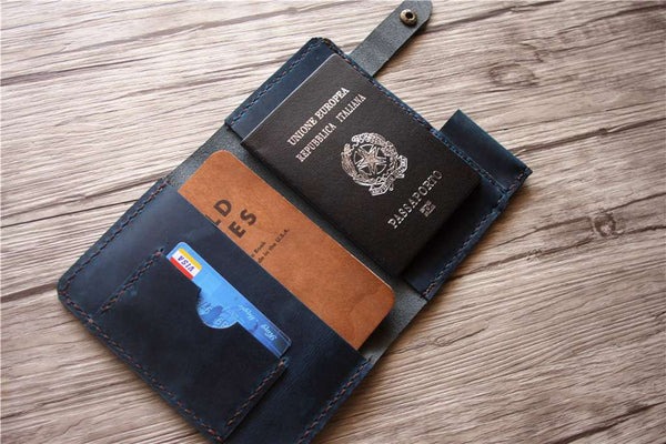 blue leather passport wallet