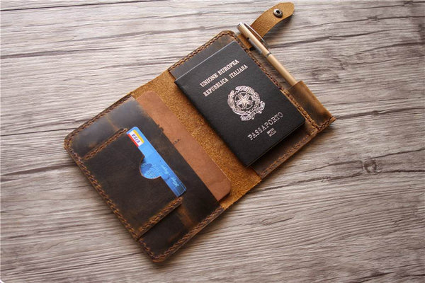 handmade brown leather passport wallet 