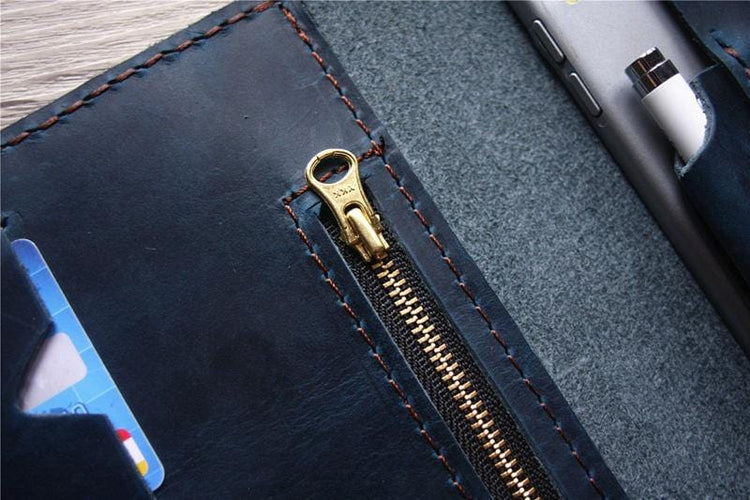 blue leather ipad cover with pencil holder