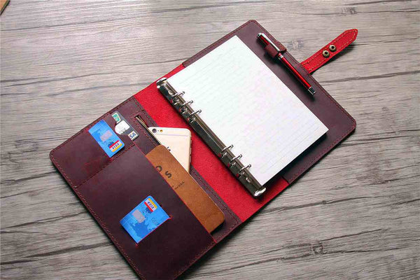 red personalized leather journal