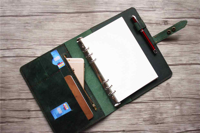 custom dark green leather refillable binder journal 