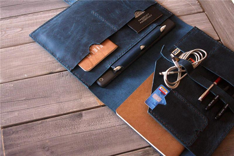 blue leather leather ipad pro 11 case with pencil holder