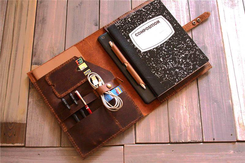 Vintage A6 notebook field notes leather Portfolio cover / distressed  leather travel journal cover with card pen slot