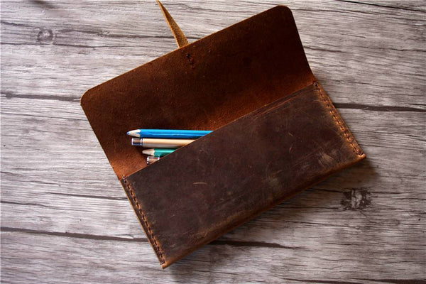 Personalized Brown Leather Pencil Pouch Bag Pen Holder – LeatherNeo