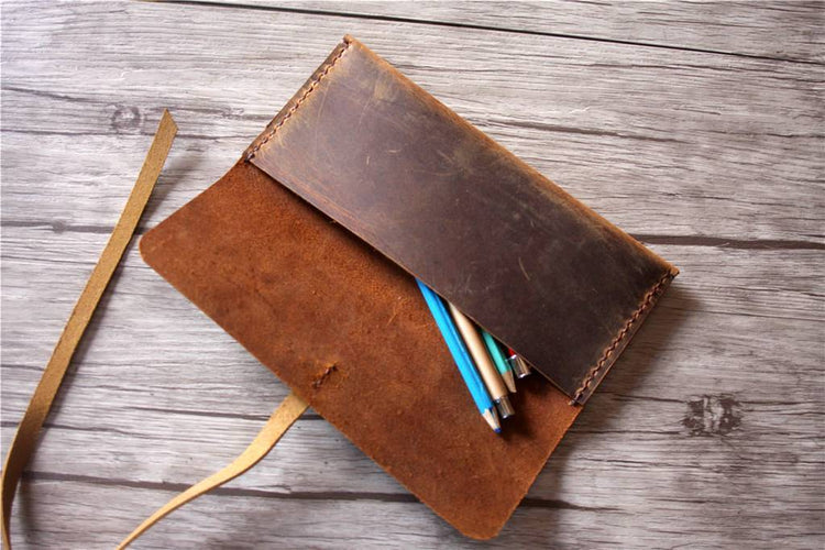 distressed brown leather pencil case