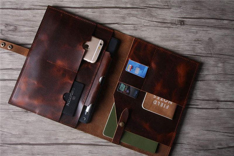handmade coffee leather portfolio with pen holder