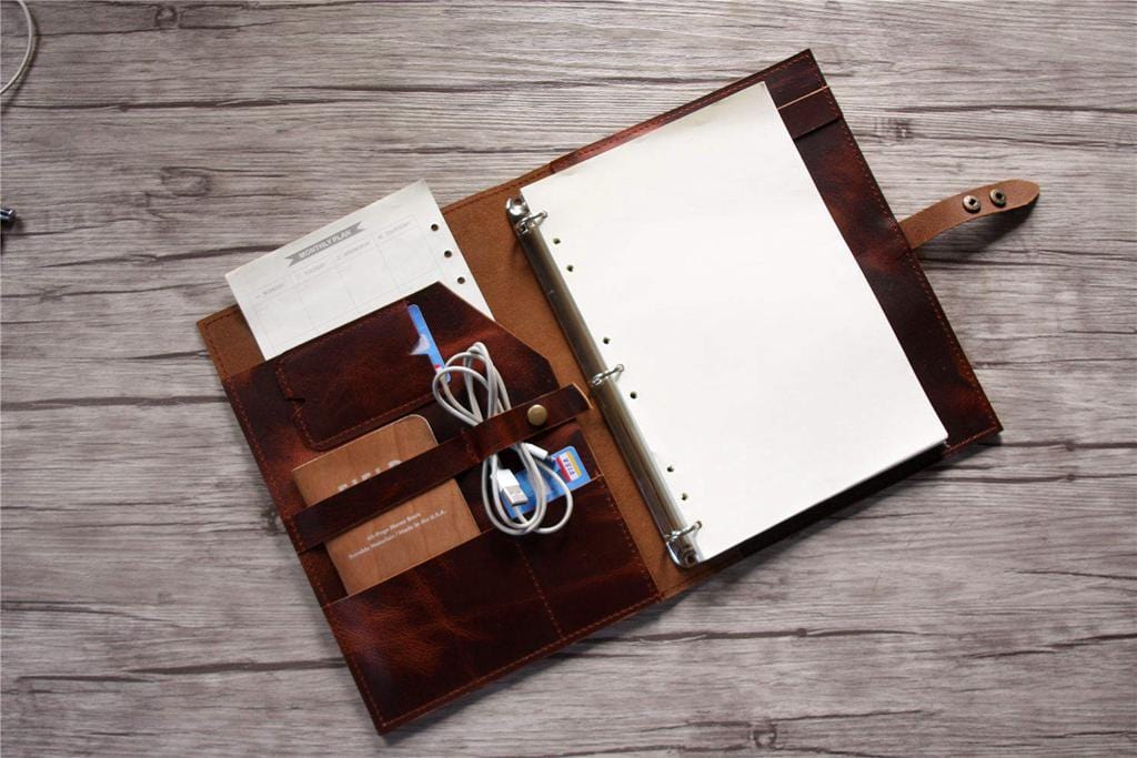 Leather 3 Ring Binder Business Portfolio Folders with Pockets - Brown -  Extra Studio