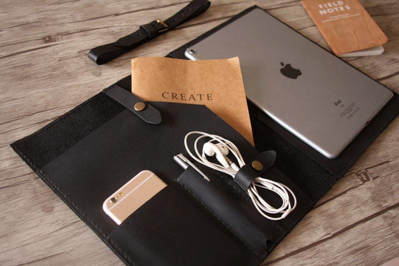 Personalized Black Leather Designer iPad Case Portfolio