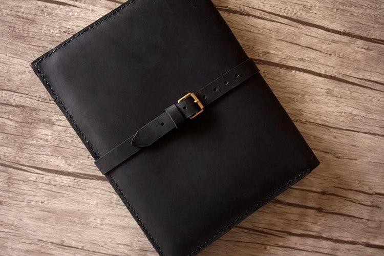 black leather designer ipad portfolio case closed with leather strap