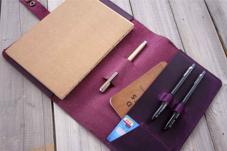 purple leather refillable lined notebook