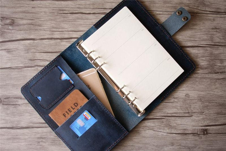 custom blue leather notebook portfolio