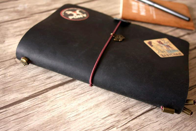 distressed leather black notebook